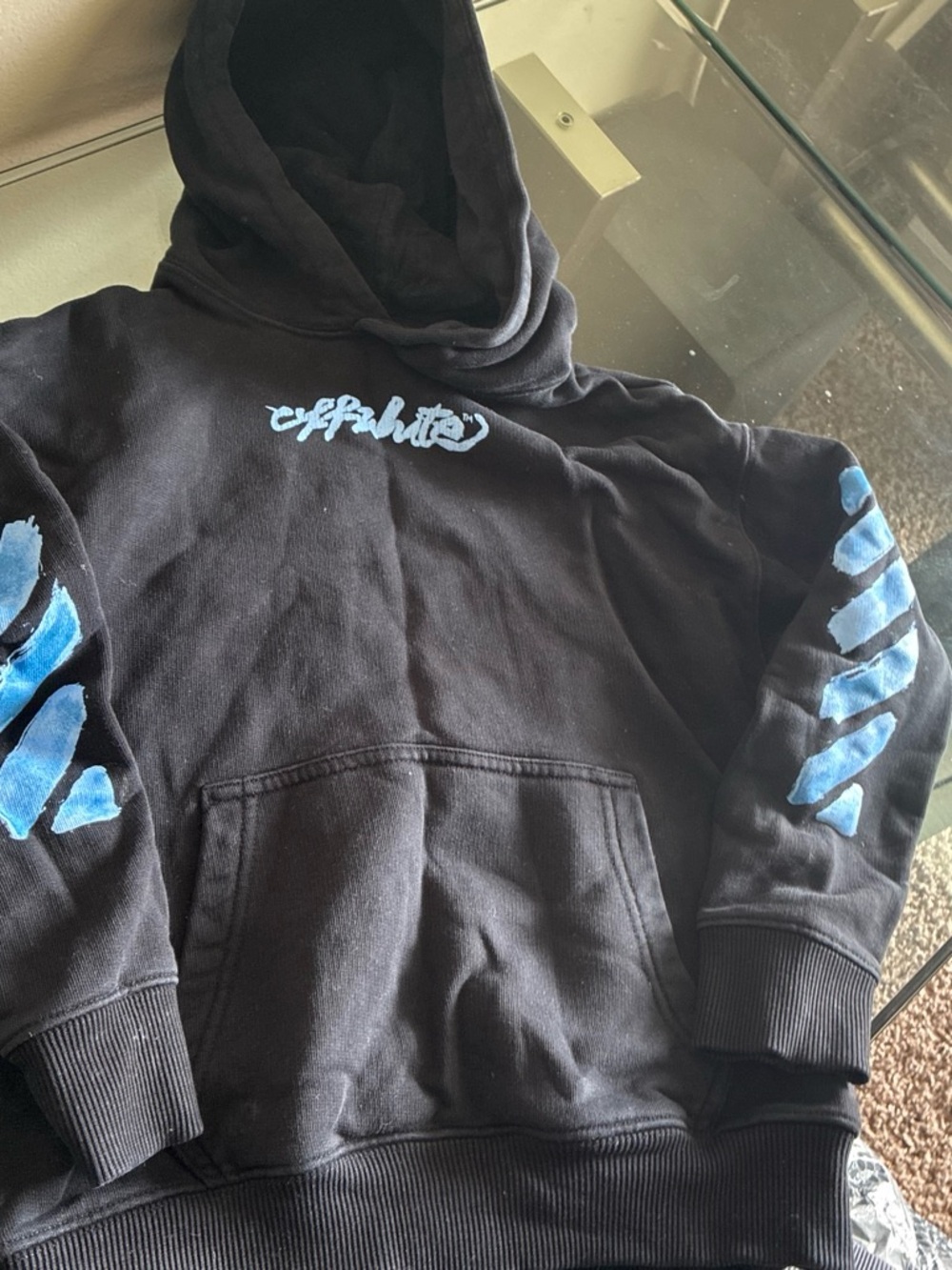 Off-White Black Hoodie with Blue Sleeve Graphics